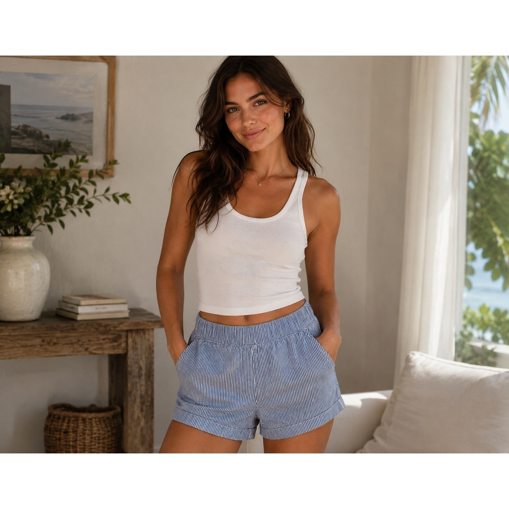 Rewash Womens Blue White Hickory Stripe Elastic Waist Cotton Shorts Sz L granola